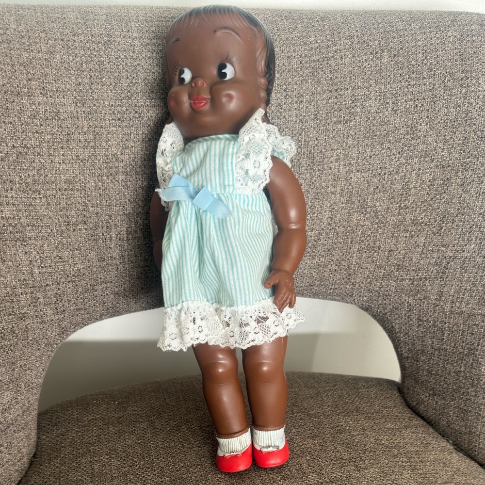 Vintage Brown Baby Doll with Light Blue Dress and Red Shoes